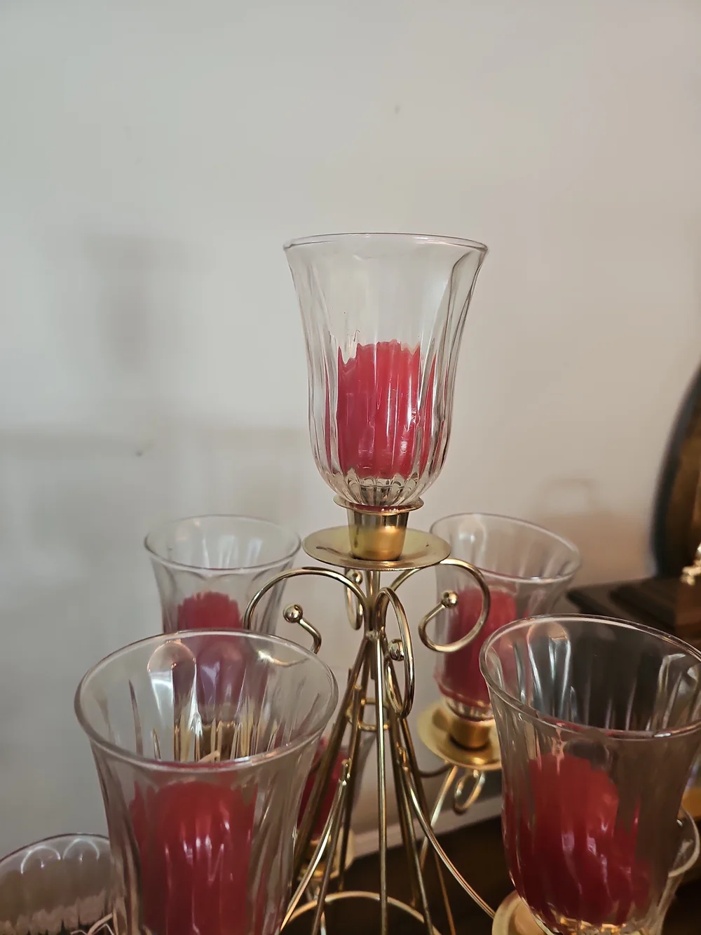 Home Interiors Gold Multi-Tier Candle Candelabra with Red Candles & Glass Shades